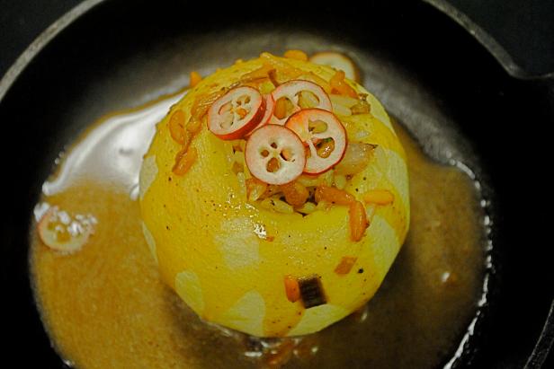 Savory Baked Apple Stuffed with rice, shiitake mushrooms and chopped cranberries, this baked apple shows off its savory side. 