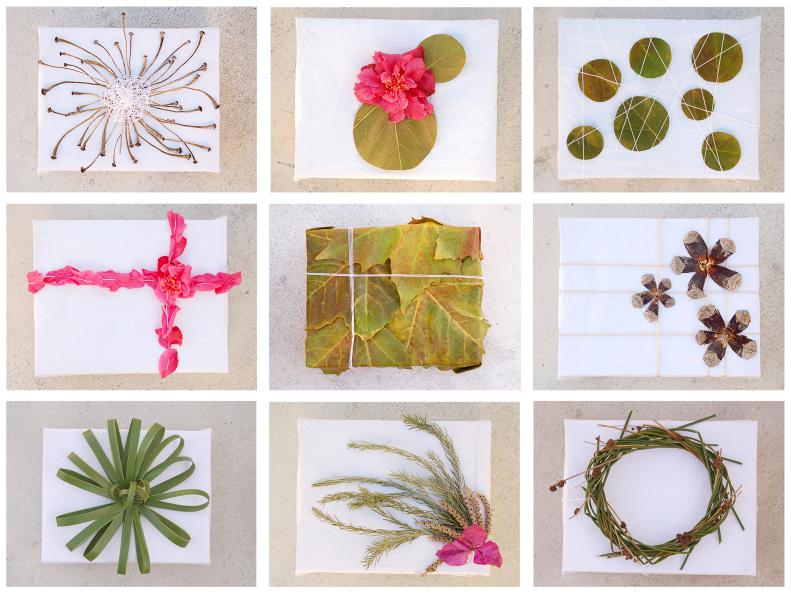 These gift wrapping ideas are all relatively easy to do and all include natural elements you can likely find in your garden or yard. Most of our examples build on a simple base of white paper, but many would also work well with other colors. Try a tan paper to accent the natural look or a red paper to make a green decoration pop.