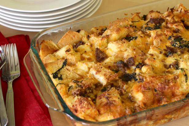 Spinach and sausage strata can be prepared up to two days in advance.