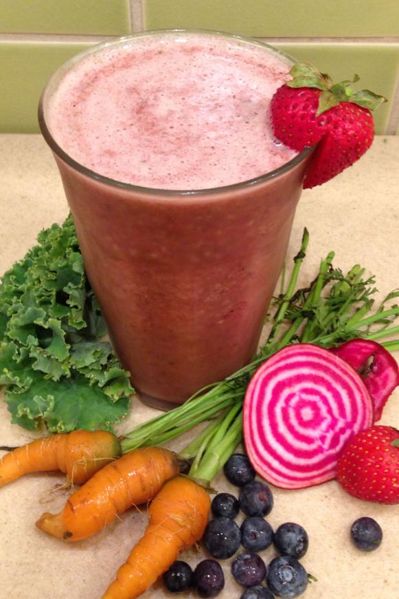 Smoothie with kale, beets, carrots, strawberries and BrazelBerries Peach Sorbet blueberries Smoothie with kale, beets, carrots, strawberries and BrazelBerries Peach Sorbet blueberries