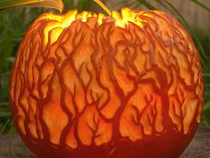 This pumpkin is covered with a glowing forest for perfect viewing from all sides.