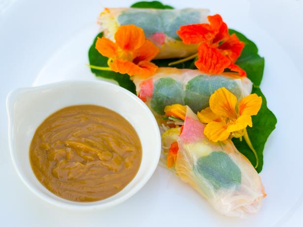 Garden Fresh Nasturtium Spring Rolls w/Peanut Dipping Sauce Spring Rolls, Dipping Sauce, Nasturtium