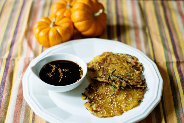 Pumpkin Pancakes with a Bowl of Soy Sauce