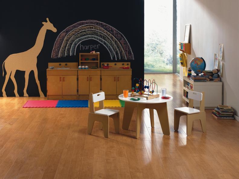Playroom with Chalkboard Wall and Wood Floor