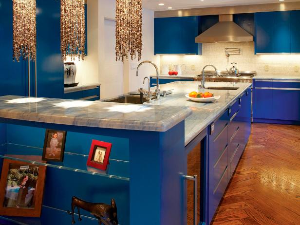 Quartz Pendants Sparkle in Modern Blue Kitchen Quartz Pendants Sparkle in Modern Blue Kitchen