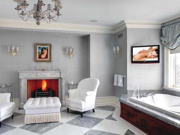 Elegant Bathroom With Fireplace and Seating Area Elegant Bathroom With Fireplace and Seating Area