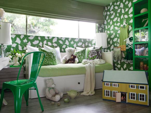 Kid's Green and White Contemporary Bedroom with Floral Wallpaper Kid's Green and White Contemporary Bedroom with Floral Wallpaper