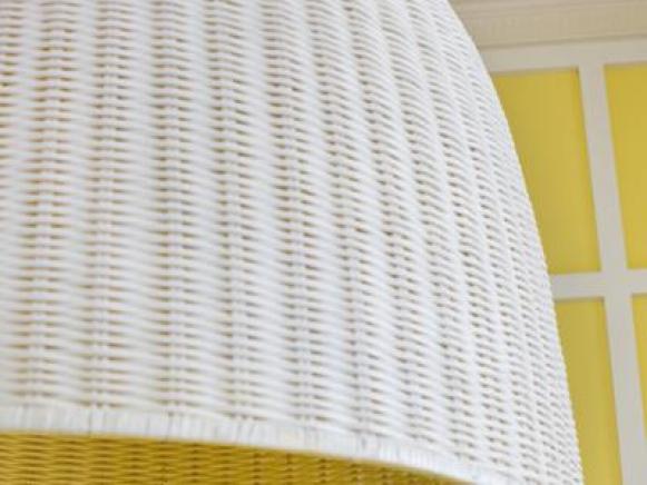 Yellow Dining Room featuring a White Wicker Hanging Pendant