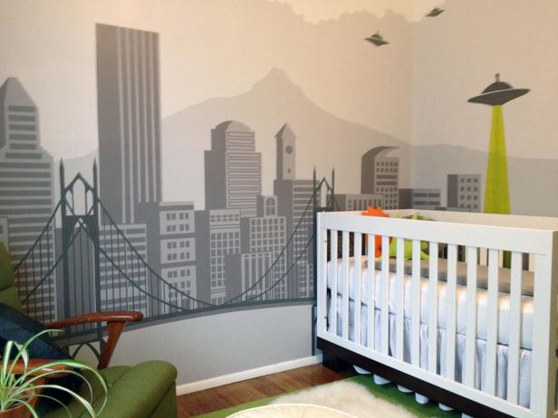 Gender-Neutral Nursery With Skyline Mural Gender-Neutral Nursery With Skyline Mural