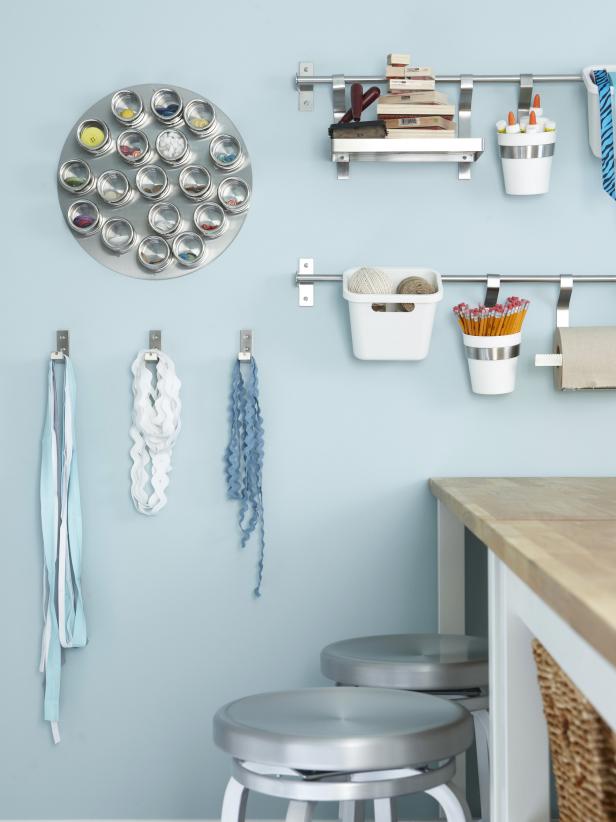Blue Contemporary Craft Room With Wall Mounted Storage Blue Contemporary Craft Room With Wall Mounted Storage