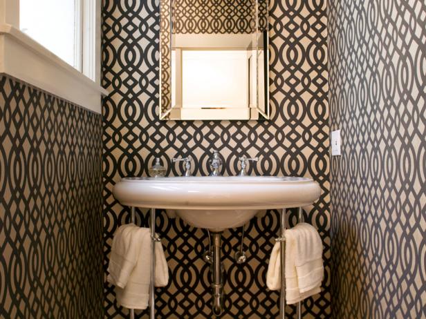 Powder Room With Black And White Wallpaper