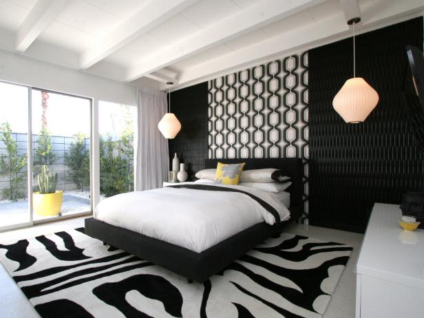 Black-and-White Midcentury Style Bedroom Made Lively With Geometric Prints Black-and-White Midcentury Style Bedroom Made Lively With Geometric Prints