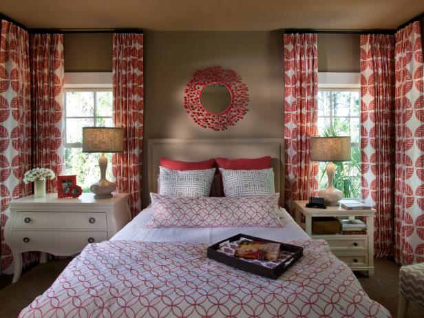 Guest Room With Bright Coral Drapes Guest Room With Bright Coral Drapes