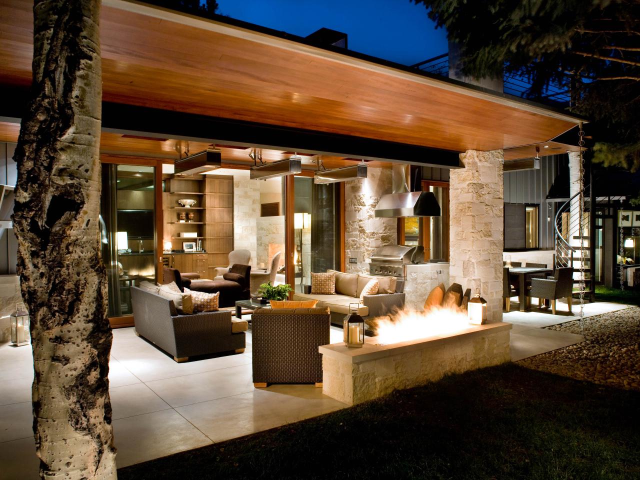 outdoor kitchen with lighting