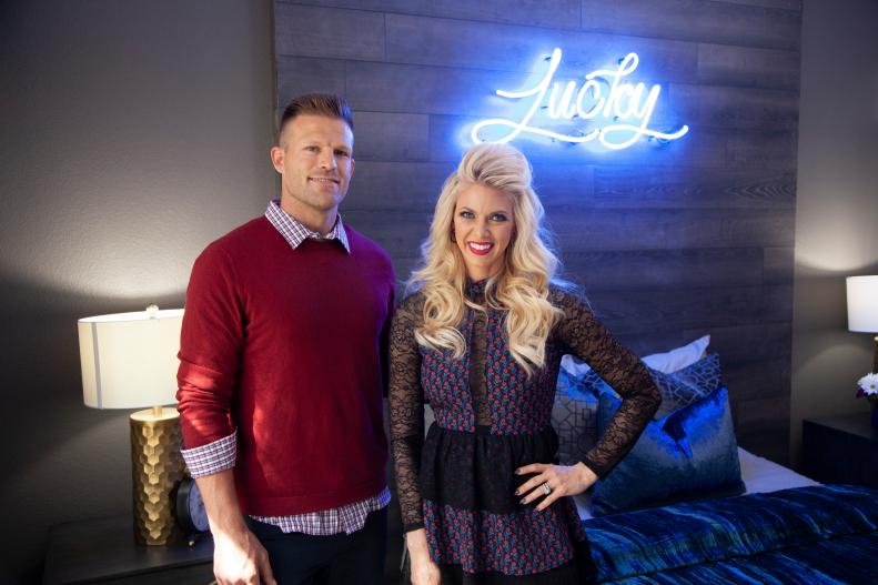 Aubrey and Bristol Marunde near the wood accent wall with the Lucky sign on it that Aubrey had specially made for the condo as seen on Flip or Flop Vegas