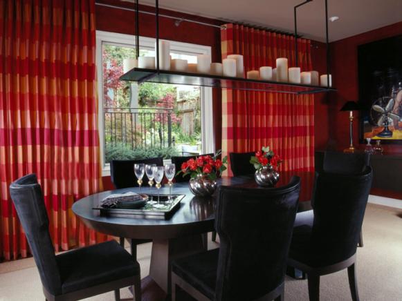 Dining Room with Red Drapes and Unique Chandelier Dining Room with Red Drapes and Unique Chandelier