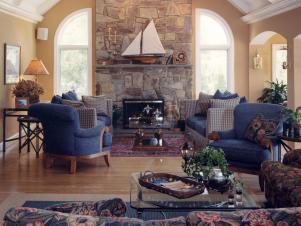 stone fireplace is focus of family great room
