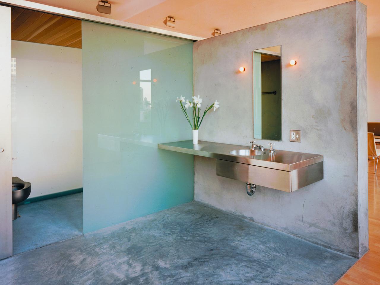 bathroom modern concrete bathrooms hgtv industrial minimalist floor bath looks urban freeman floors universal space spaces wet takes designer honed