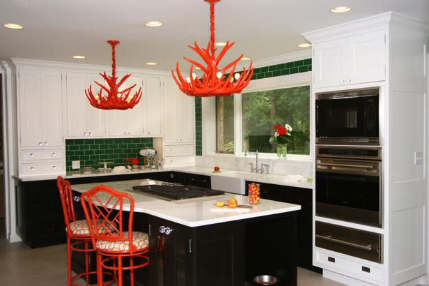 Poppy Red Light Fixtures and Bar Stools