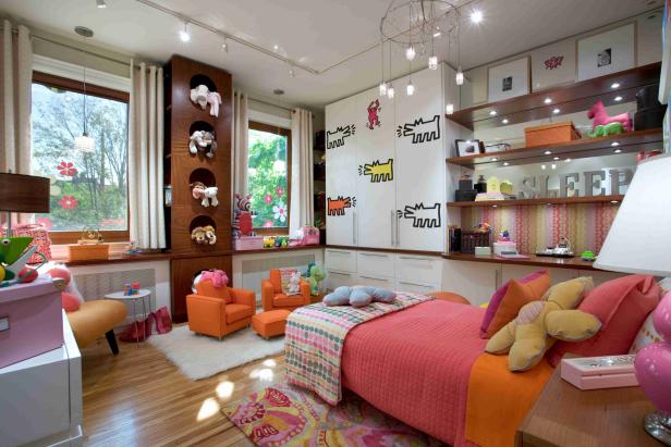 White Kid's Room With Pink Twin Bed and Open Shelving White Kid's Room With Pink Twin Bed and Open Shelving