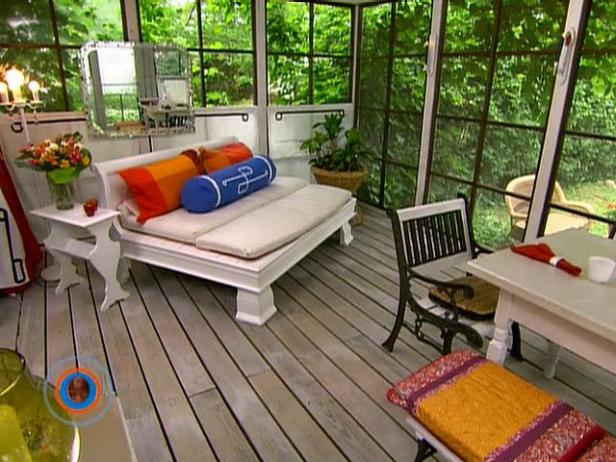 Glass Screened in Porch with Daybed and Wood Floors Glass Screened in Porch with Daybed and Wood Floors