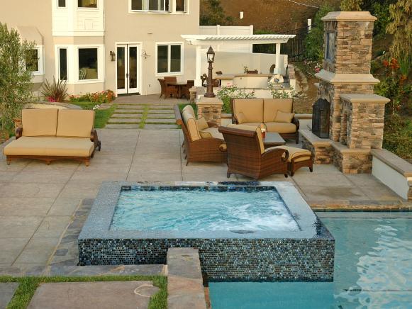Oversize Transitional Backyard with Fireplace, Jacuzzi, and Pool Oversize Transitional Backyard with Fireplace, Jacuzzi, and Pool