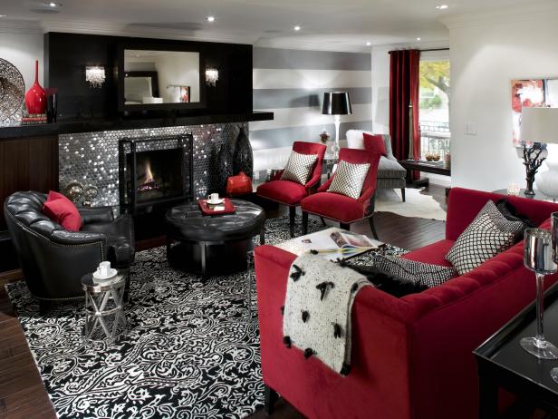 retro red, black and white family room | hgtv