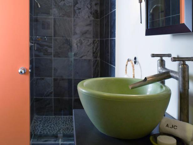 Bathroom With Woodbine Sink Guest Bathroom with Woodbine Sink and Charcoal Shower Tile