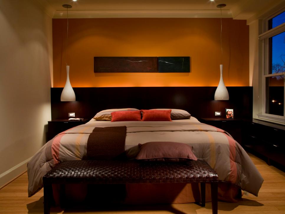 Orange and Chocolate Brown Bedroom With Modern Accents