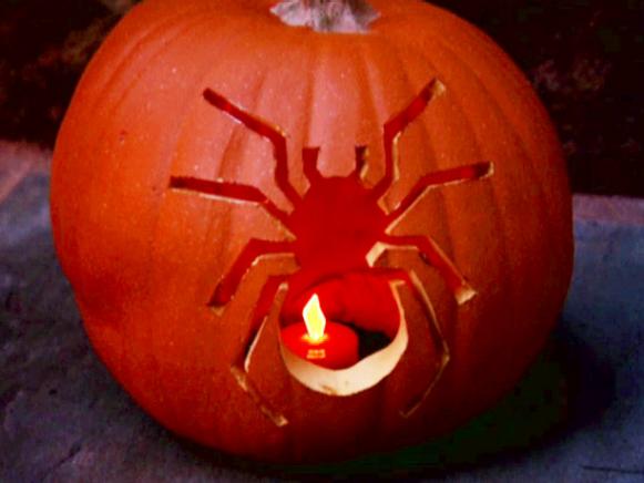 Carved Pumpkin With Spider Design Carved Pumpkin With Spider Design