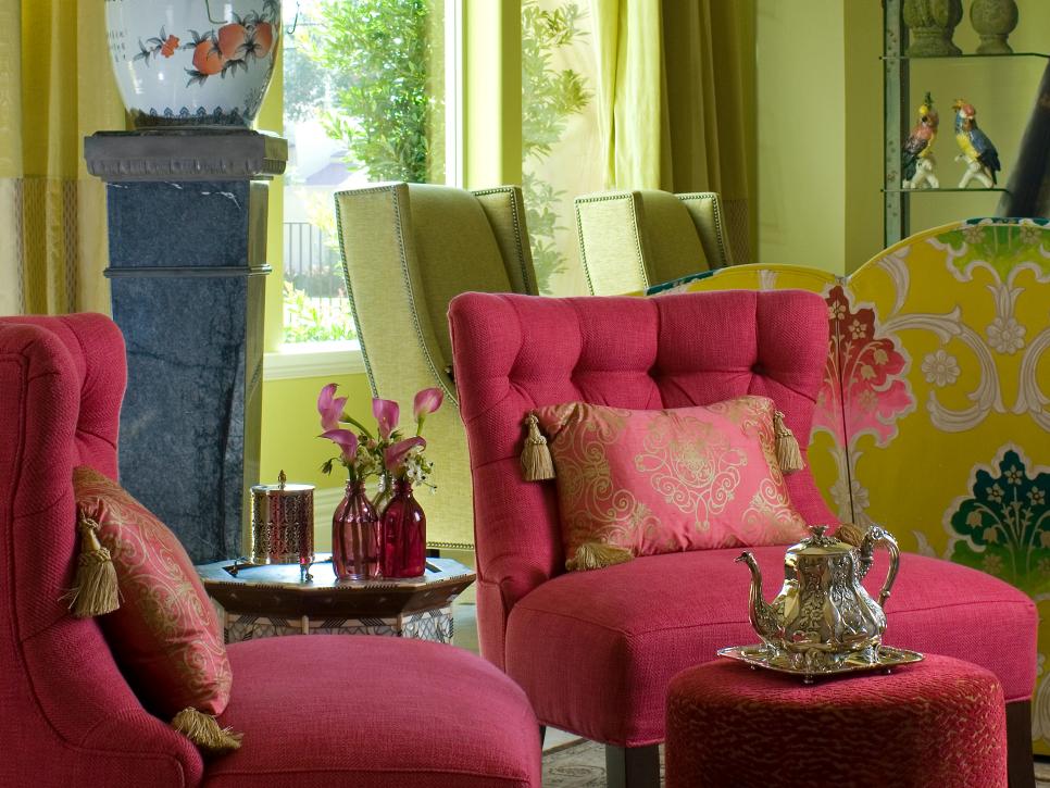 Sitting Area With Pink Tufted Chairs, Stone Pillar and Silver Tea Set