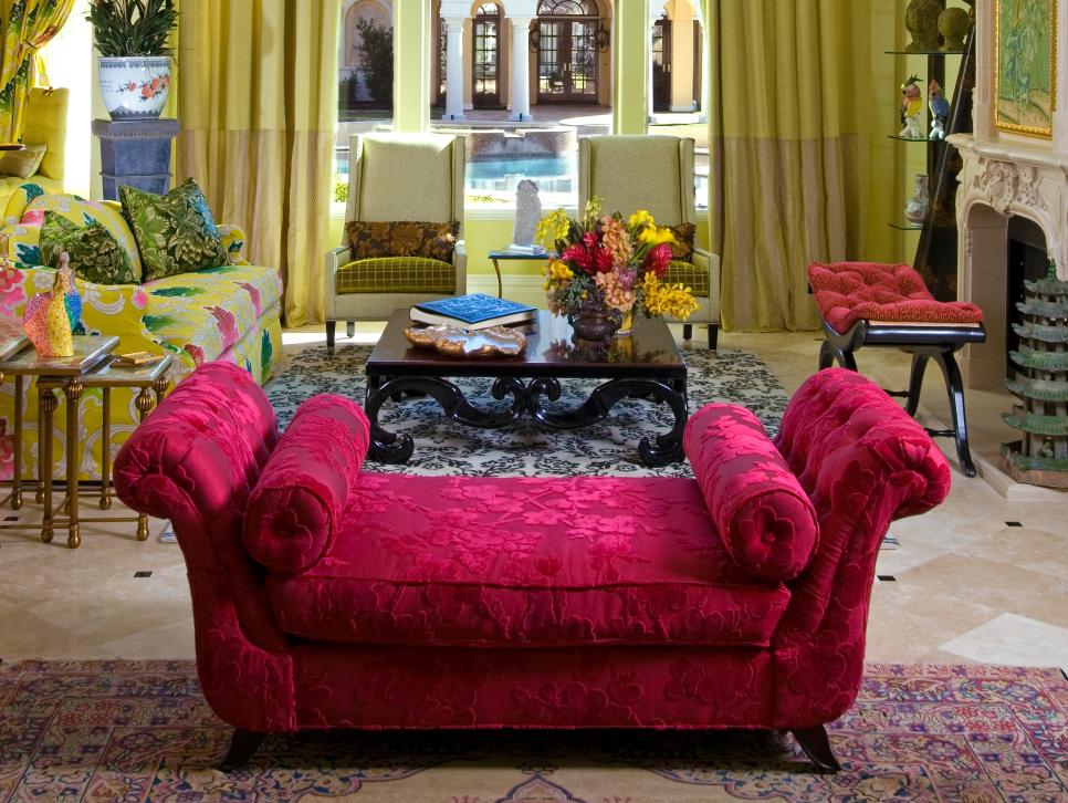 Pink Chaise Lounge in Eclectic Green Living Room