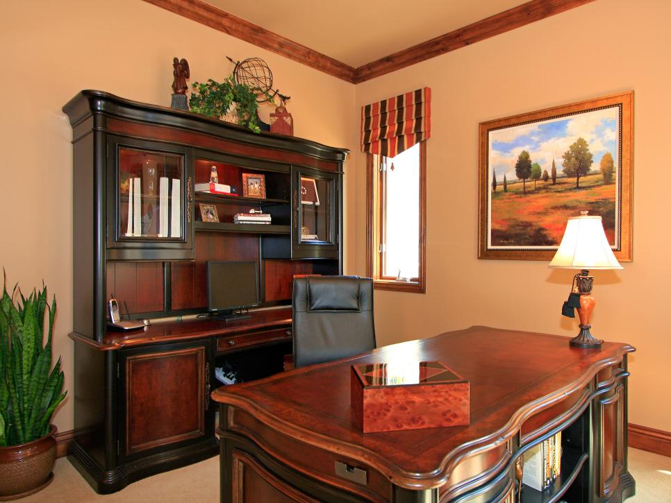 Home Office With Large Desk and Bookcase