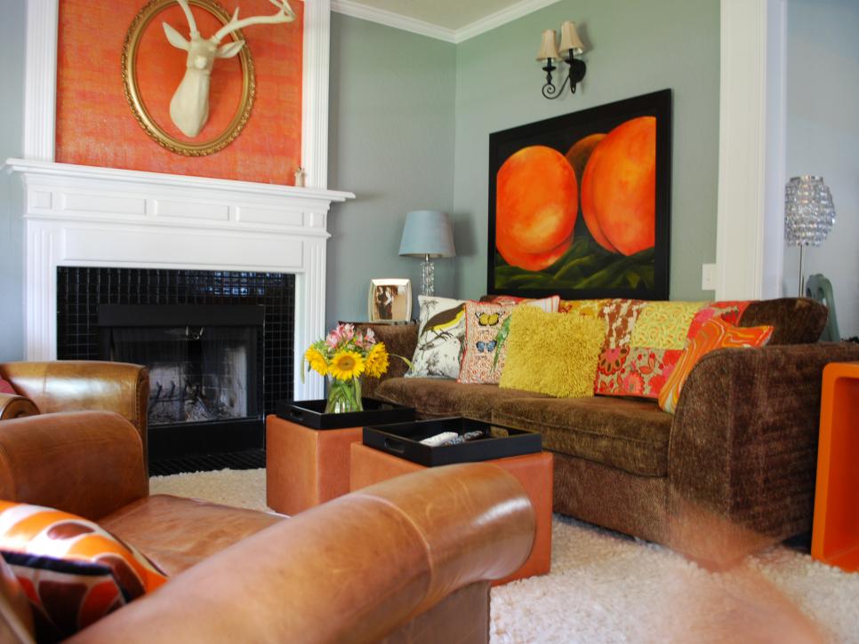 Blue Living Room With Orange Fireplace and Faux Taxidermy Deer Head