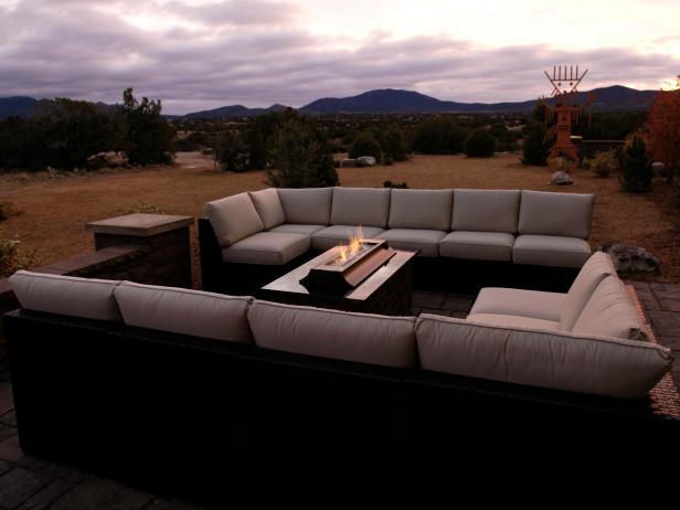 Gray Patio Seating Area With Modern Outdoor Fireplace Gray Patio Seating Area With Modern Outdoor Fireplace