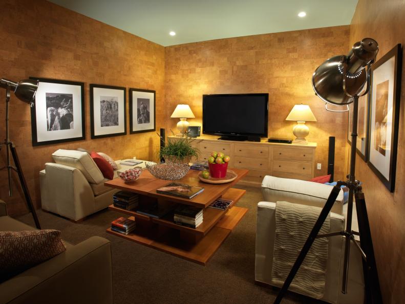Home Theater with Chaise Lounges and Tripod Lamps 