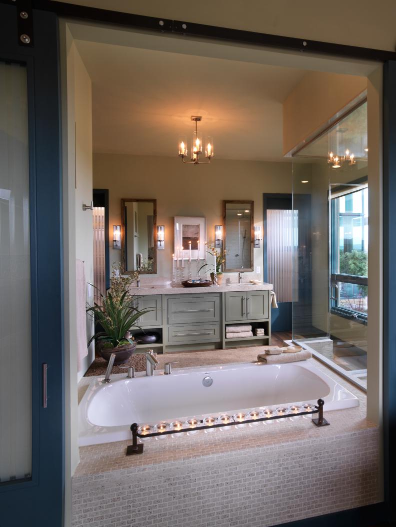 Master Bathroom with Drop-In Tub and Blue Accents