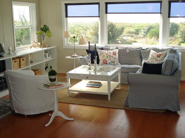 Neutral Transitional Living Room With Striped Sectional Sofa Neutral Transitional Living Room With Striped Sectional Sofa