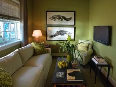 Gold wall color paired with animal prints and upcycled furnishings tell an eco-friendly story in this laid-back gathering space.