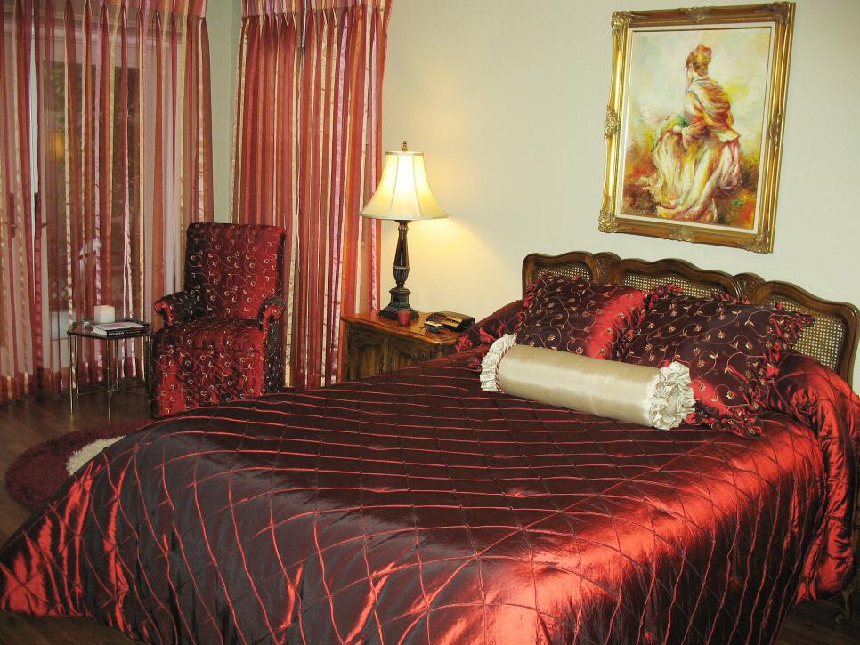 White Bedroom With Red Bedding, Oil Painting and Red Armchair