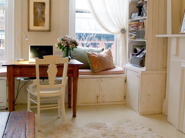 Home Office With Bookshelf and Window Seat