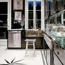 Contemporary Black And White Kitchen With Custom Tile Floor