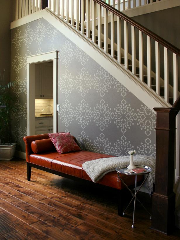 Gray Stenciled Transitional Stairway With Red Chaise