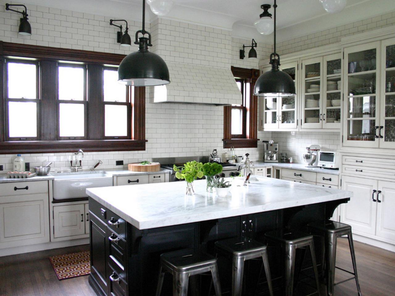 Traditional Kitchen in White Subway Tile With Black Island ...