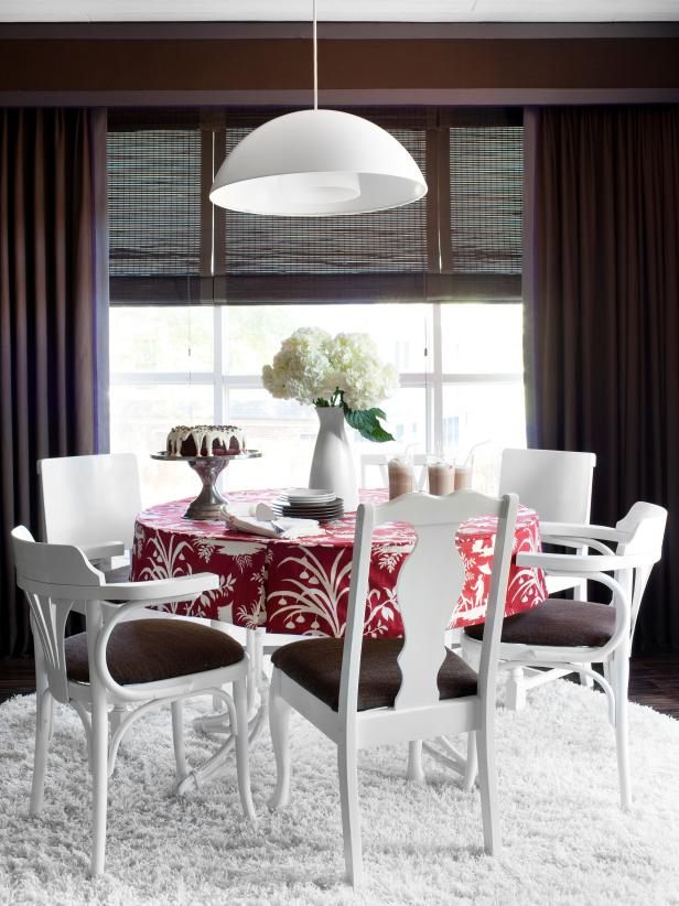 Contemporary White, Brown and Red Dining Room