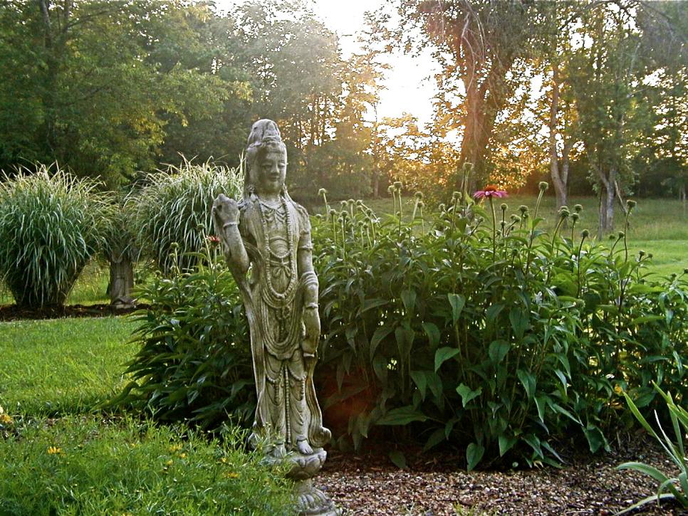 Asian Statue in Backyard Garden With Pink Coneflower Plants