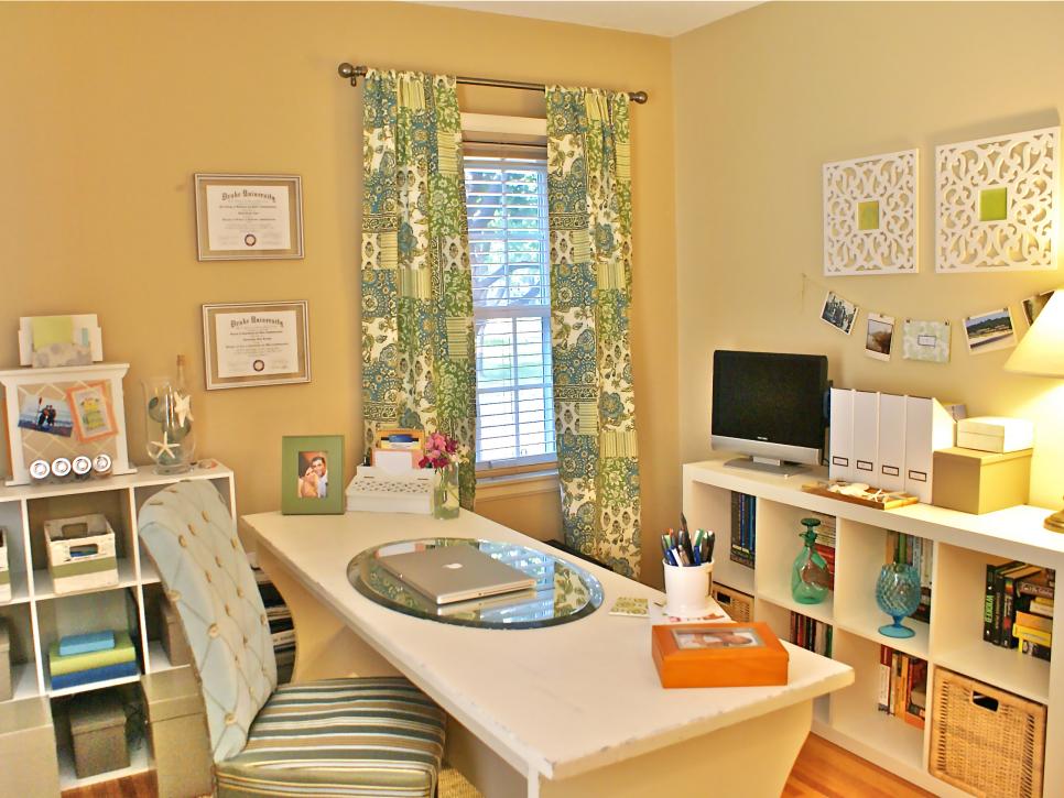 Colorful, Cottage-Style Office Space Yellow Cottage Home Office With Bright Accessories