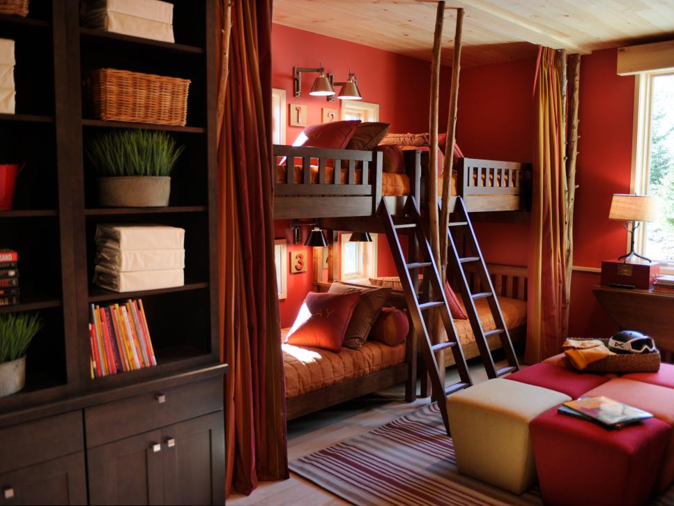 Rustic Ski Dorm With Wood Furnishings and Bookshelf 