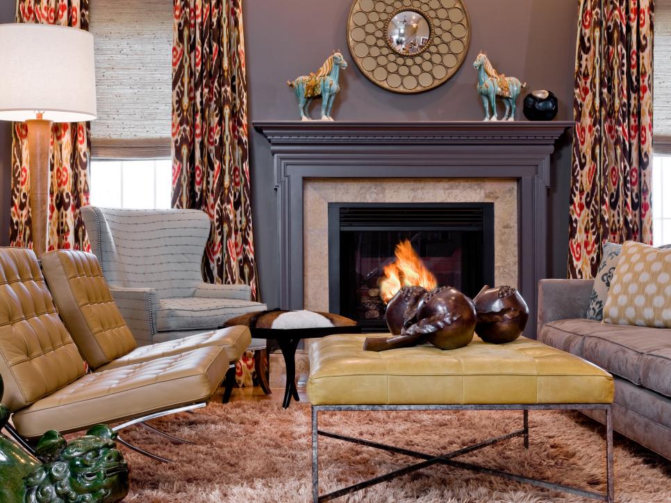 Living Room With Fireplace and Yellow Leather Chairs