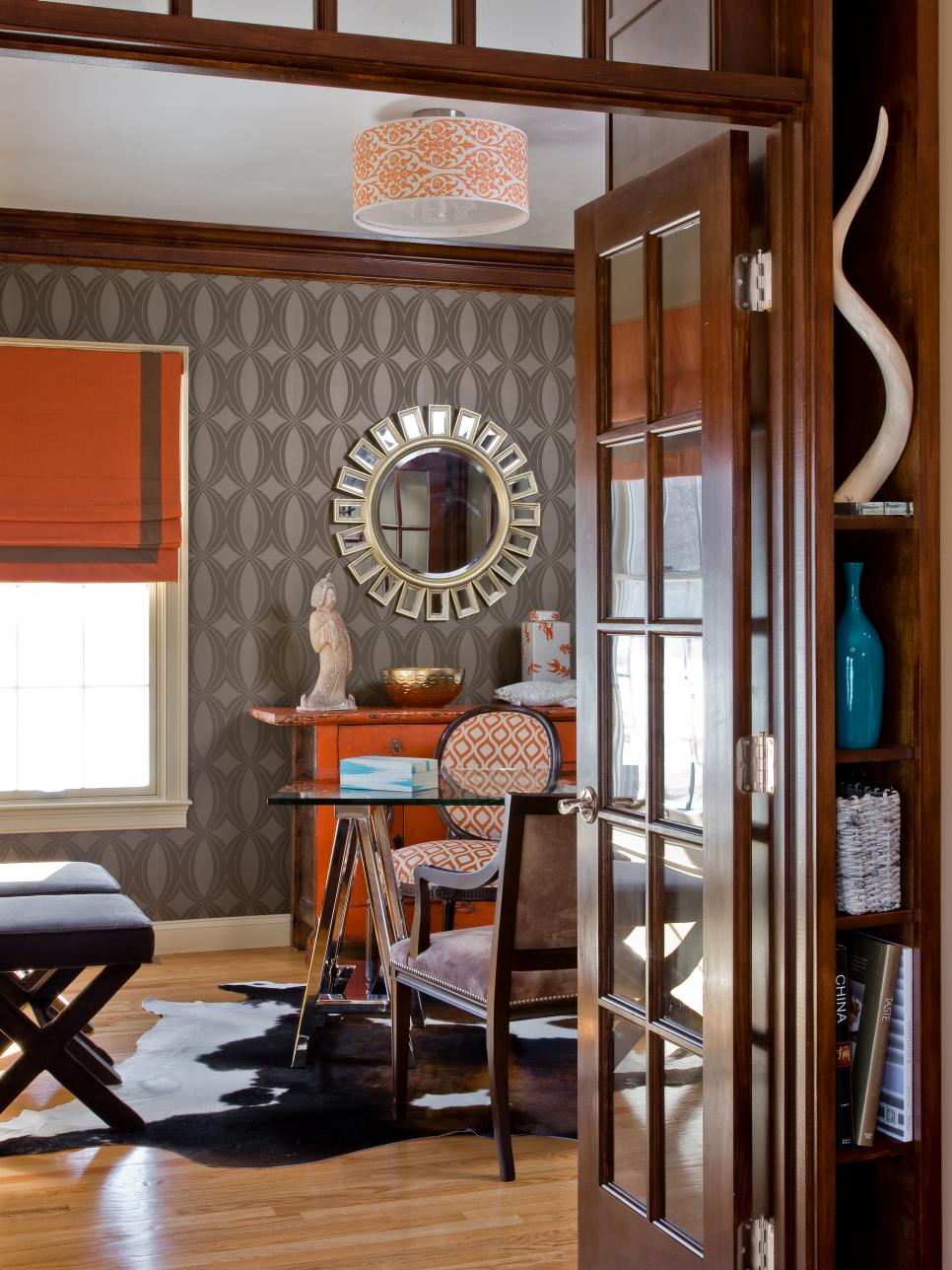 Transitional Home Office With Patterned Wallpaper